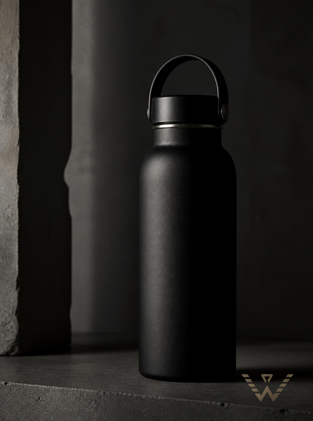 Matte black insulated flask on concrete